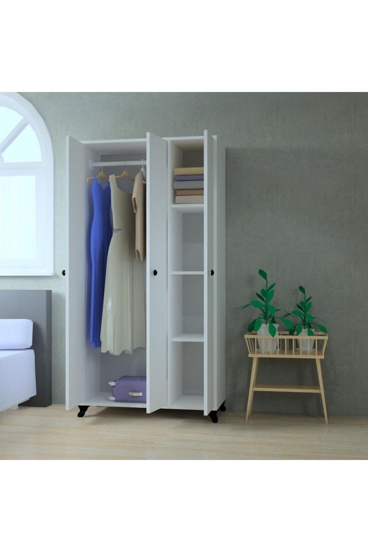 3 Kapaklı Beyaz Gardırop - Görsel 2
