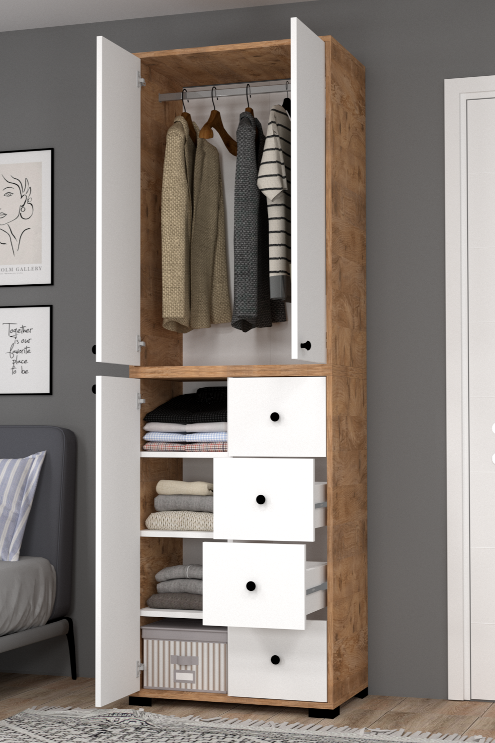 Bükreş No.2 Askılı 4 Çekmeceli 3 Raflı Gardırop Çam-Beyaz - Görsel 2