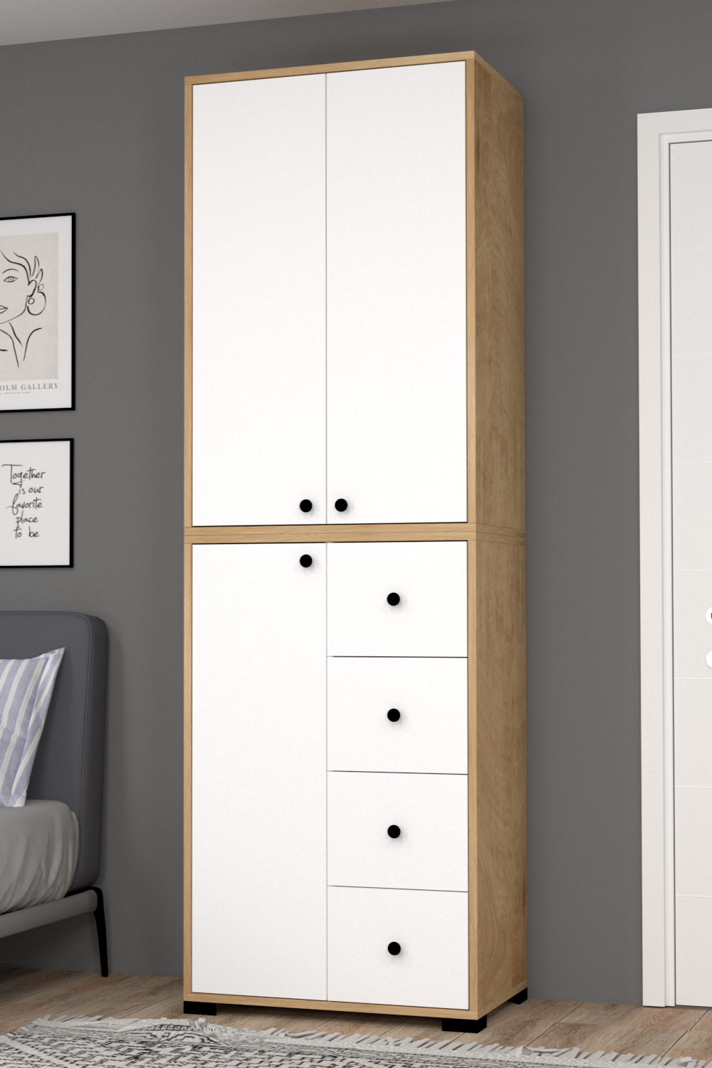 Bükreş No.2 Askılı 4 Çekmeceli 3 Raflı Gardırop Safir-Beyaz - Görsel 2