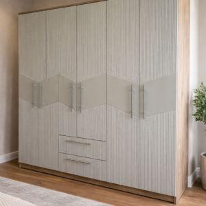 Karbon No.5 Altı Kapaklı İki Çekmeceli 5Raflı Gardırop Çam-Vizon