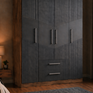 Karbon No.3 Dört Kapaklı İki Çekmeceli 10Raflı Gardırop Çam-Antrasit