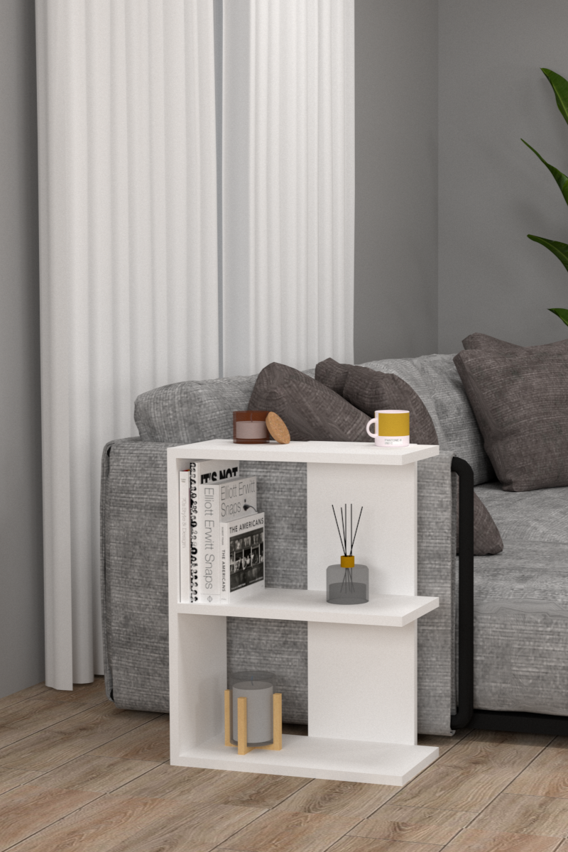 Pratik E-Form Raflı Kumandalık Dergilik Koltuk Yanı Sehpa