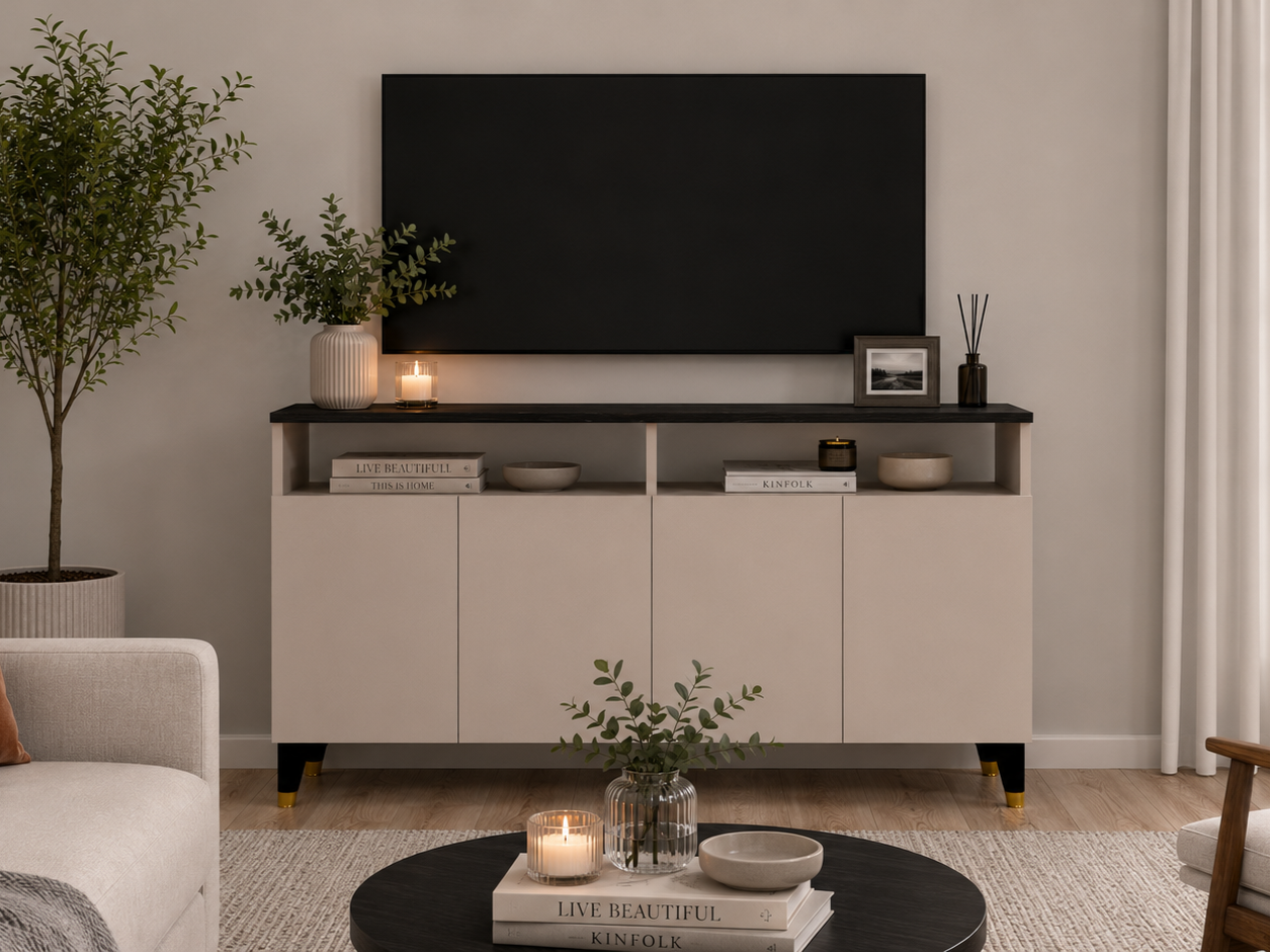 Yamaç Modern TV Ünitesi 4 Kapaklı Ayaklı Televizyon Dolabı Salon Mobilyası Çakıl Taşı - Siyah Mermer - Görsel 2